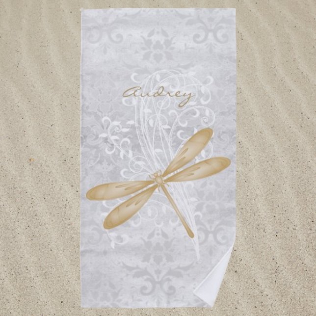 Toalha De Praia Dourada Dragonfly Personalizada Beach Towel (Gold Dragonfly Personalized Beach Towel)