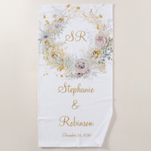 Dourada Floral Monograma Casado Gift Beach Towel