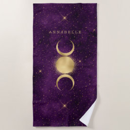 Toalha De Praia Dourada Lua Roxo Celestial Tripla Personalizada