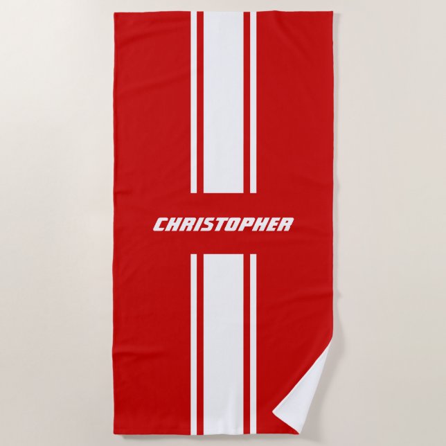 Toalha De Praia Dourada Piscina Monograma com faixas brancas verme (Frente)