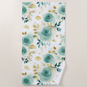 Toalha De Praia Dourada Rosa Floral de Mint Green