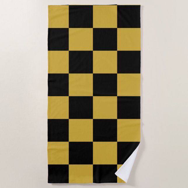 Toalha De Praia Dourado metálico com padrão de estilo preto-quadra (Frente)