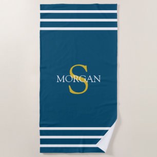 Toalha De Praia Dourado Monograma/Nome Branco Banhas Brancas, Azul