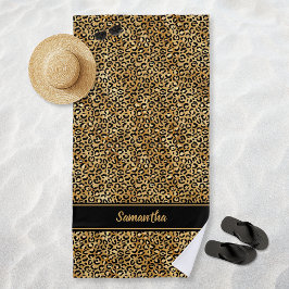 Toalha De Praia Dourado Preto Chic Estampa de Leopardo Personaliza