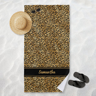 Toalha De Praia Dourado Preto Chic Estampa de Leopardo Personaliza