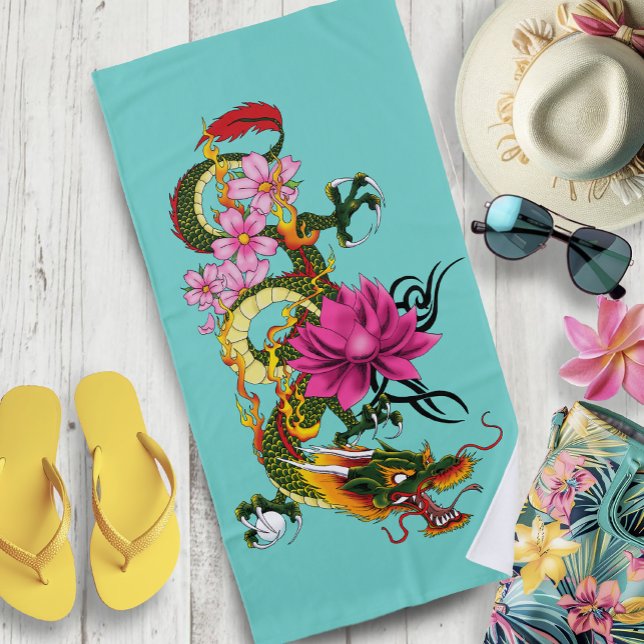 Toalha De Praia Dragão chinês Lotus Cherry Blossoms (Criador carregado)