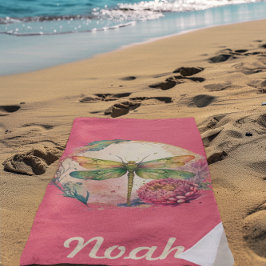 Toalha De Praia Dragonfly Floral Elegante com Nome Personalizado