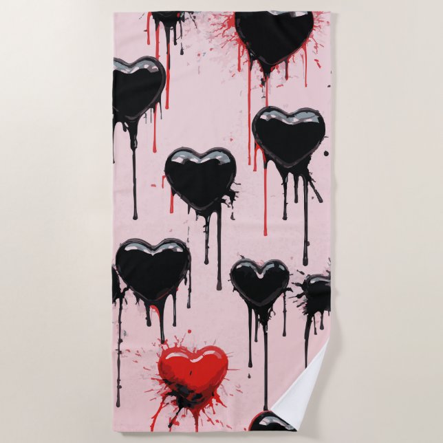 Toalha De Praia Dripping Black Hearts Pattern – Dark Love Art (Frente)