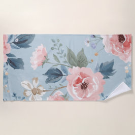 Toalha De Praia Dusty Blue Floral Watercolor Garden Pink Blooms