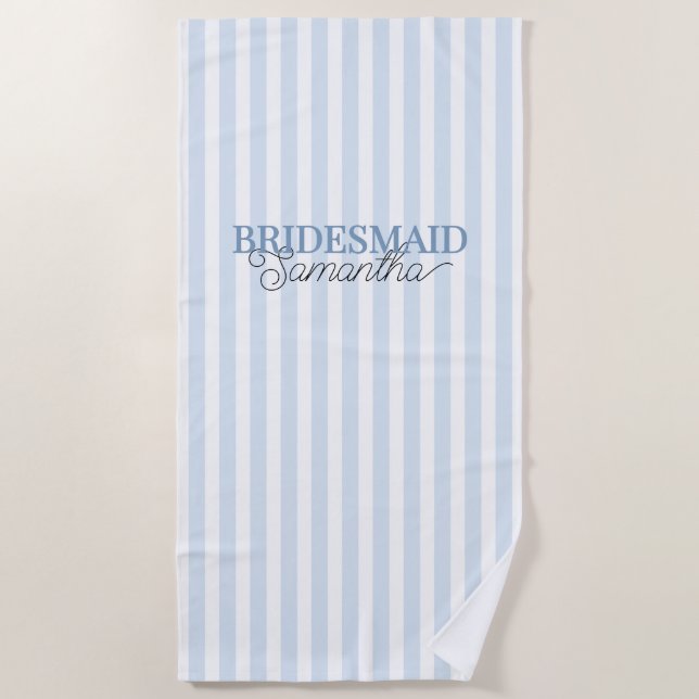 Toalha De Praia Dusty Blue Striped Personalizado Name Bridesmaid (Frente)