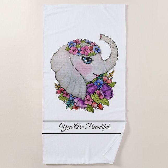 Toalha De Praia Elefante De Aquarela Com Flores Selvagens (Frente)