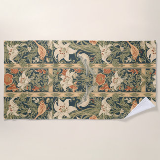 Toalha De Praia Elegant Art Nouveau Vintage Botanical Bird Lily
