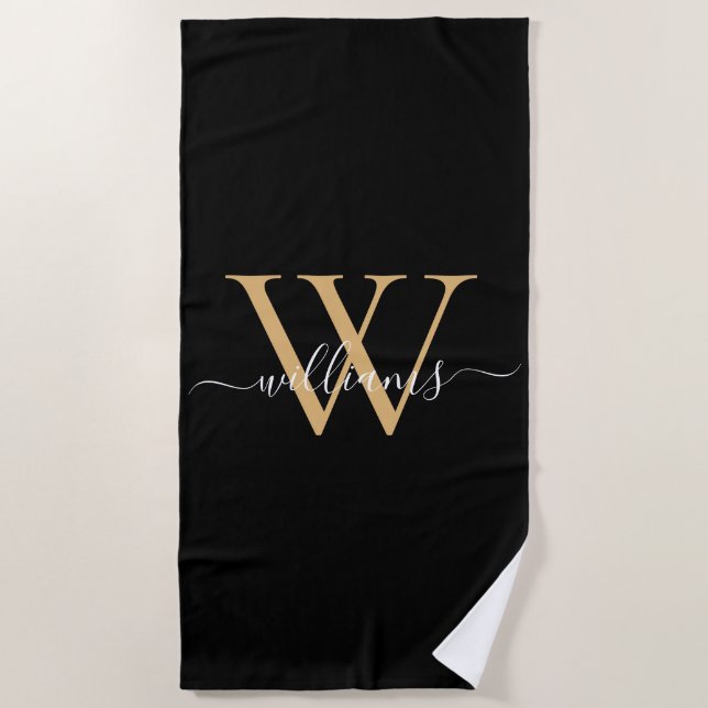 Toalha De Praia Elegant Black Gold Custom Monogram Script Name (Frente)