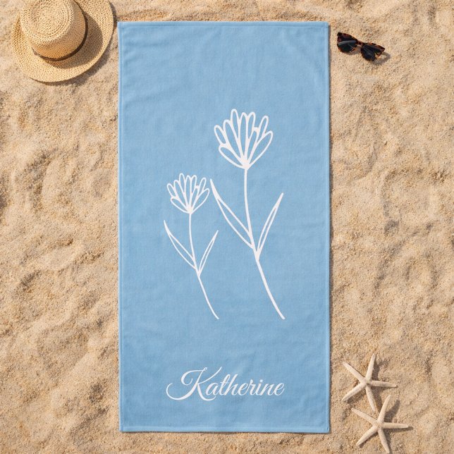 Toalha De Praia Elegant Dusty Blue Simple Flower  (Criador carregado)