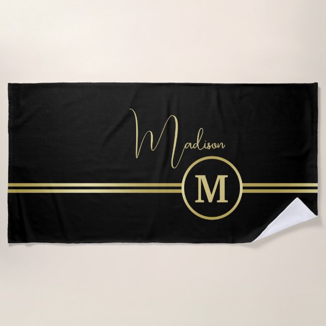 Toalha De Praia Elegant Gold Signature Monogram on Black (Frente)