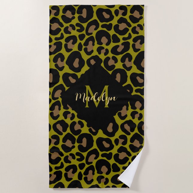Toalha De Praia Elegant olive green and black leopard Monogrammed  (Frente)