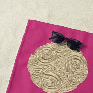 Toalha De Praia Elegante art nouveau gold fuschia medalhão rosa