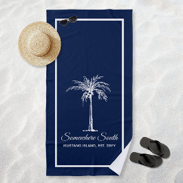 Toalha De Praia Elegante Azul Marinho Branco Palmeira Personalizad