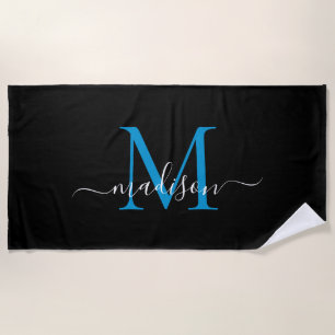 Toalha De Praia Elegante Black Blue Monograma Feminine Script Girl