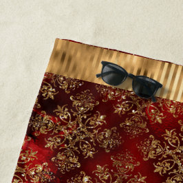 Toalha De Praia Elegante Burgundy Damask Dourado