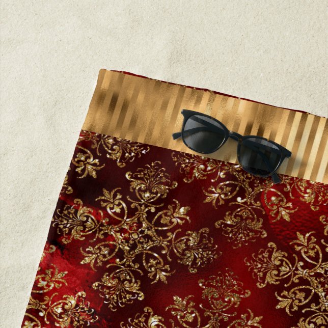 Toalha De Praia Elegante Burgundy Damask Dourado (In Situ)