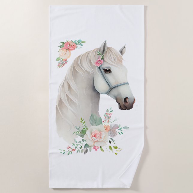 Toalha De Praia Elegante Cavalo Branco Boho Floral (Frente)