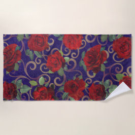 Toalha De Praia Elegante Clássico Dourado Damask Vintage Rosa verm