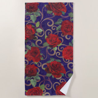 Toalha De Praia Elegante Clássico Dourado Damask Vintage Rosa verm