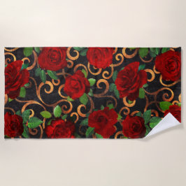 Toalha De Praia Elegante Classy Damask Vintage Chic Rosas vermelha