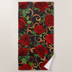 Toalha De Praia Elegante Classy Damask Vintage Chic Rosas vermelha