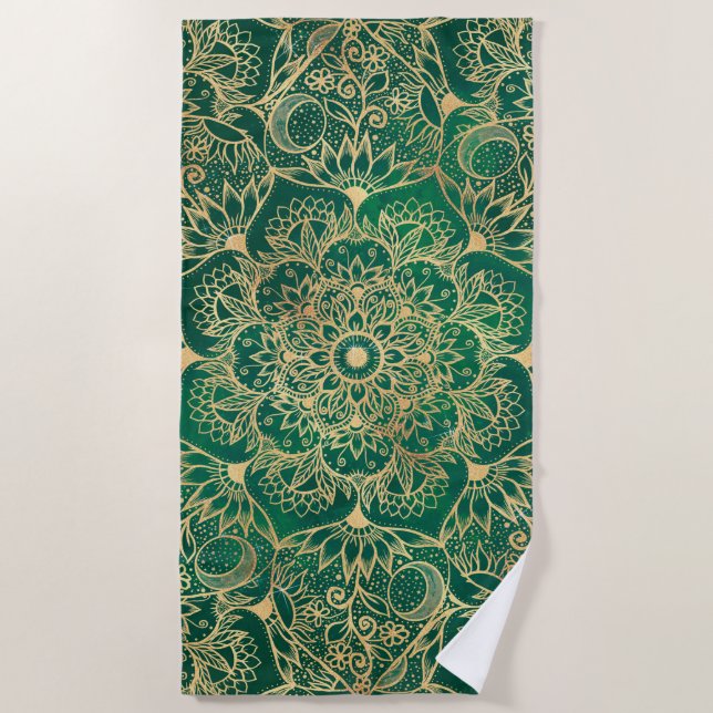 Toalha De Praia Elegante Dourado Floral Mandala Green Design (Frente)