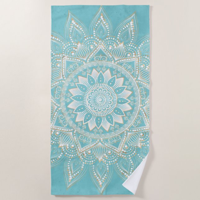Toalha De Praia Elegante Dourado Mandala Sky Blue Design (Frente)