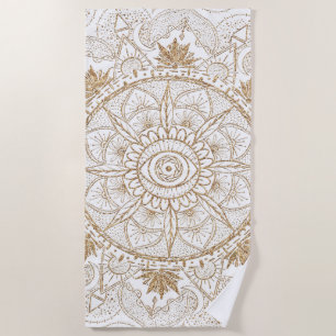 Toalha De Praia Elegante Dourado Olho Sol Lua Mandala Branco