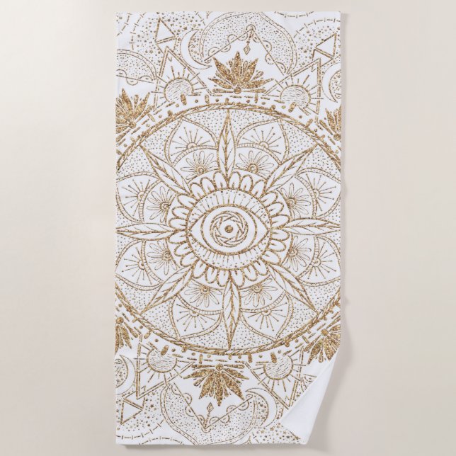 Toalha De Praia Elegante Dourado Olho Sol Lua Mandala Branco (Frente)