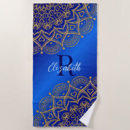 Toalha De Praia Elegante Monogrammed Royal Blue e Dourado Mandala