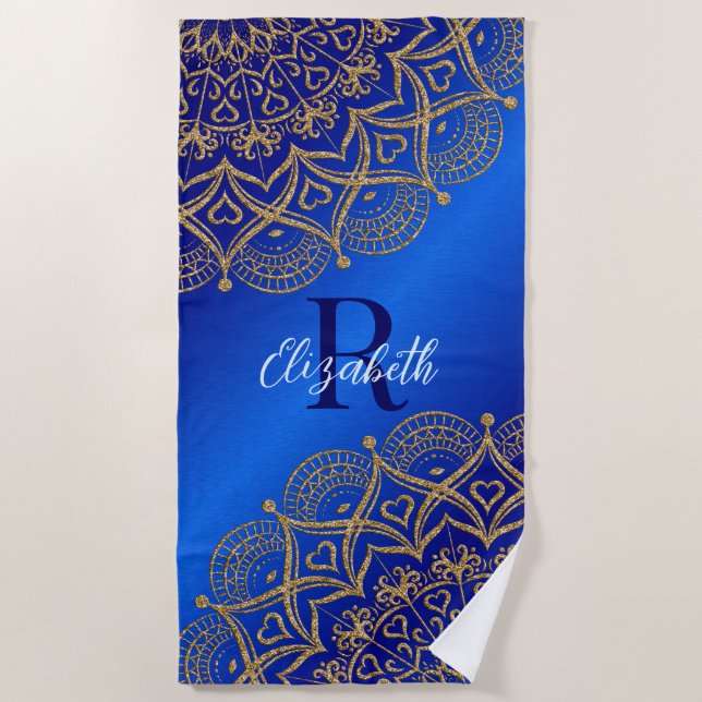Toalha De Praia Elegante Monogrammed Royal Blue e Dourado Mandala (Frente)