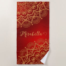 Toalha De Praia Elegante Vermelho e Dourado Mandala Monograma