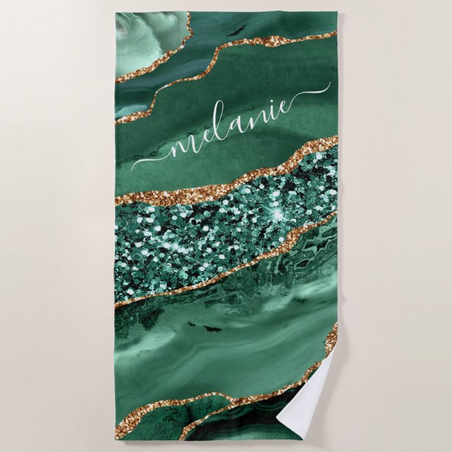 Toalha De Praia Emerald Green Dourado Glitter Beach Towel Nome Per (Frente)