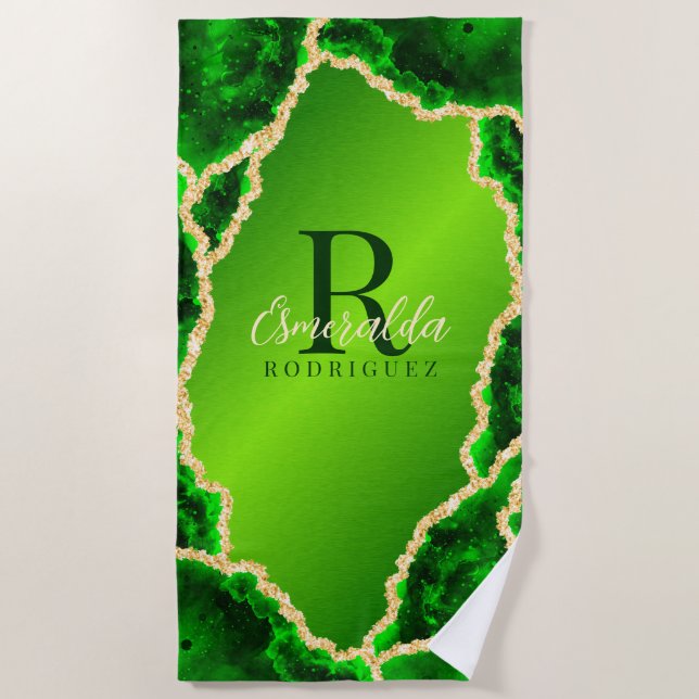 Toalha De Praia Emerald Green Monogramas e Agate Marble Dourado (Frente)