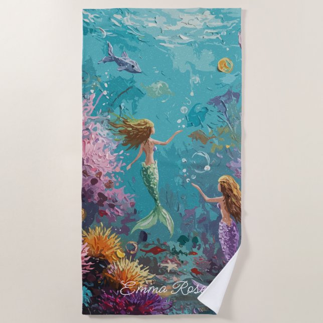 Toalha De Praia Enchanted Mermaid Underwater Scene (Frente)