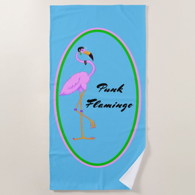 Toalha De Praia Engraçado Punk Rosa Flamingo no Teal (Frente)