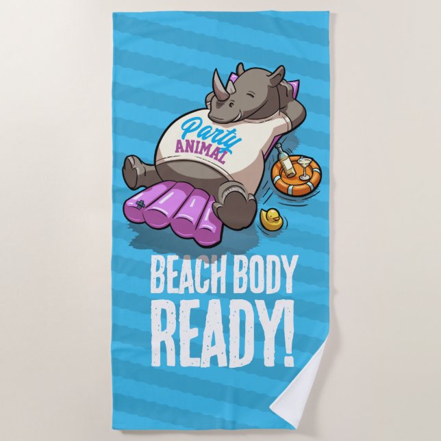 Toalha De Praia Engraçado Rino Beach Body Ready! Cartoon de piscin (Frente)