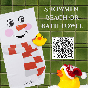 Toalha De Praia Engraçado Rosto Feliz Snowman, Torre de Natal