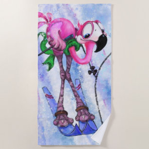 Toalha De Praia Esquiador Flamingo Rosa Engraçado - Quadrinha de 