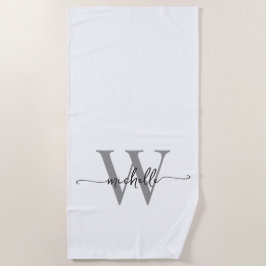 Toalha De Praia Estilo Moderno Branco Cinza Nome Monograma Rótulo