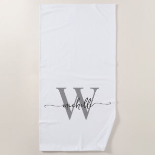 Toalha De Praia Estilo Moderno Nome Cinza Branco Monograma Script