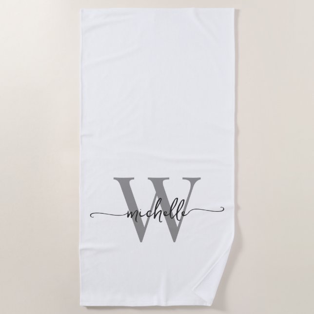 Toalha De Praia Estilo Moderno Nome Cinza Branco Monograma Script (Frente)