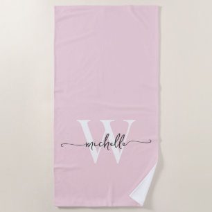 Toalha De Praia Estilo Moderno Nome Monograma Rosa Bege Script