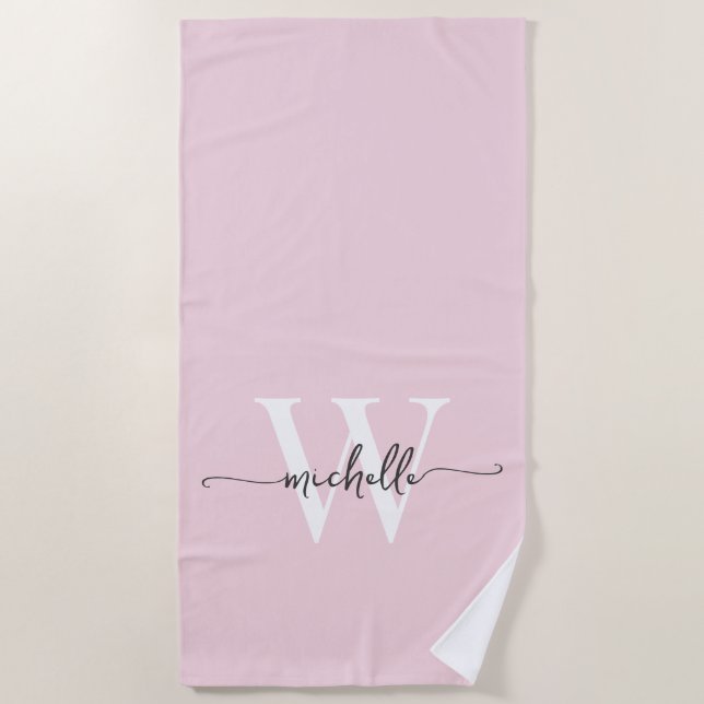 Toalha De Praia Estilo Moderno Nome Monograma Rosa Bege Script (Frente)
