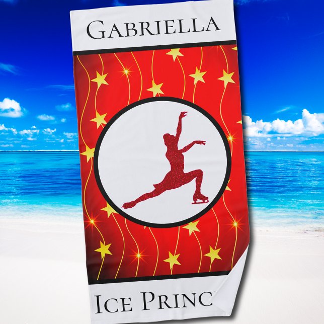 Toalha De Praia Estrela Dourada de "Ice Princess" (Figure Skating Red "Ice Princess" Gold Star Beach Towel)